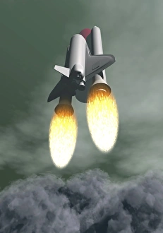 Space Shuttle Launch Prints: Space shuttle taking off amongst grey smoke and clouds