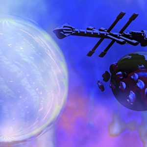 A spaceship passes a moon and orbiting asteroids near a large sun A spaceship passes a moon and orbiting asteroids near a large sun