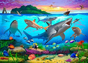 Aquatic Wildlife Prints: Split level scene of an underwater ecosystem