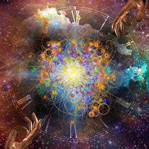 Colorful Digital Artwork Prints: Star filled space with gesturing hands