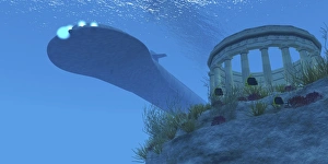 A submarine passes over a Greek temple ruin near a reef A submarine passes over a Greek temple ruin near a reef