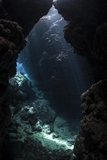 Sunlight pours into a submerged cavern on a reef in the Solomon Islands Sunlight pours into a submerged cavern on a reef in the Solomon Islands