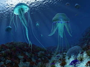 A swarm of jellyfish swim the Panthalassic Ocean A swarm of jellyfish swim the Panthalassic Ocean