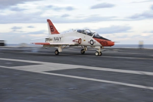 A T-45C Goshawk is launched from the flight deck of USS Theodore Roosevelt A T-45C Goshawk is launched from the flight deck of USS Theodore Roosevelt