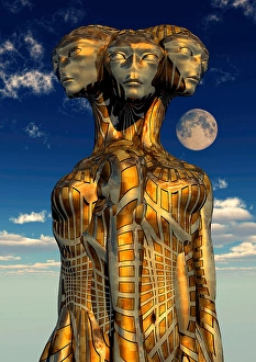Artificial Intelligence Artwork Prints: A trinity of alien beings, coequal
