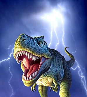 A Tyrannosaurus Rex with a blue stormy sky and lightning behind it A Tyrannosaurus Rex with a blue stormy sky and lightning behind it