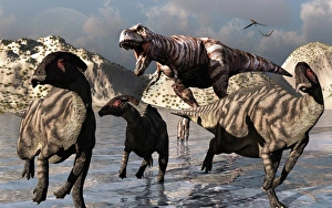 A Tyrannosaurus Rex moves in for the kill as Parasaurolophus Duckbill try to escape A Tyrannosaurus Rex moves in for the kill as Parasaurolophus Duckbill try to escape