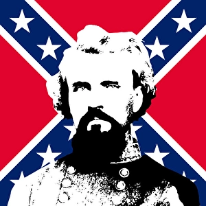 Confederate Army Officer Prints: Vector artwork of General Nathan Forrest in front of the Confederate flag