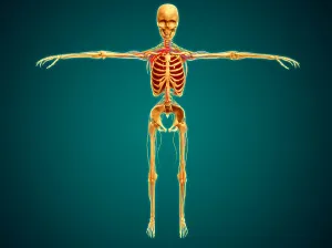 Nervous System Illustration Prints: Front view of human skeleton with nervous system