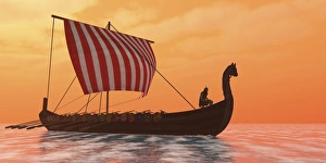 A Viking longboat sails through calm ocean waters A Viking longboat sails through calm ocean waters