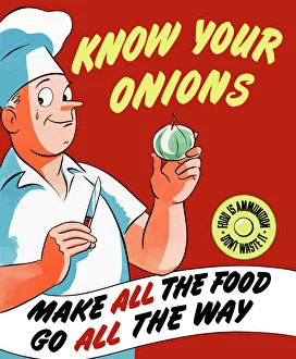 Vintage World War II poster of a chef holding an onion with a tear in his eye Vintage World War II poster of a chef holding an onion with a tear in his eye