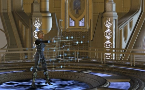 A woman in military uniform using a holographic control center A woman in military uniform using a holographic control center