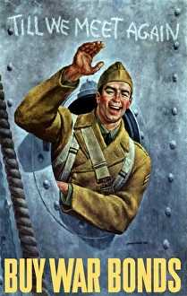 World War II poster of an American soldier waving from the porthole of a ship World War II poster of an American soldier waving from the porthole of a ship