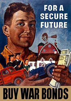World War II propaganda poster of a farmer holding his future World War II propaganda poster of a farmer holding his future