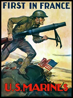 World War One poster of Marines charging into battle behind the American flag World War One poster of Marines charging into battle behind the American flag