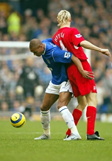 Marcus Bent shields the ball from Sami Hyypia Marcus Bent shields the ball from Sami Hyypia