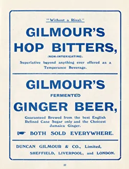 Advertisement for Gilmours Hop Bitters (temperance beverage) and ginger beer, Sheffield Advertisement for Gilmours Hop Bitters (temperance beverage) and ginger beer, Sheffield