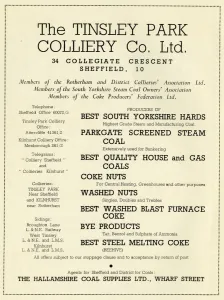 Advertisement for Tinsley Park Colliery Co. Ltd., 34 Collegiate Cresent, 1939 Advertisement for Tinsley Park Colliery Co. Ltd., 34 Collegiate Cresent, 1939