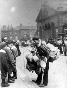 Basket Seller, Haymarket, Norfolk Market Hall, Sheffield, c. 1900 Basket Seller, Haymarket, Norfolk Market Hall, Sheffield, c. 1900