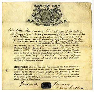Certificate of admittance to the Company of Cutlers in Hallamshire of John Roberts Spencer Certificate of admittance to the Company of Cutlers in Hallamshire of John Roberts Spencer