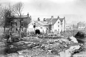 Sheffield Flood, Damage at the head of Bacon Island (formed by the River Don dividing into two branches), 1864 Sheffield Flood, Damage at the head of Bacon Island (formed by the River Don dividing into two branches), 1864
