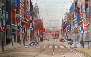 Sketch of Sheffield coronation decorations as proposed for the city centre from the designs of Richard Seddon [Queen Sketch of Sheffield coronation decorations as proposed for the city centre from the designs of Richard Seddon [Queen
