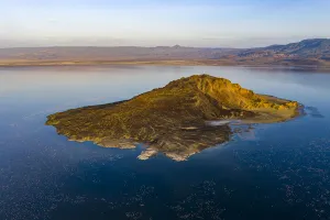 Aerial view of island and Lesser flamingo (Phoeniconaias minor) in lake Logipi Aerial view of island and Lesser flamingo (Phoeniconaias minor) in lake Logipi