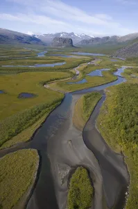 Aerial view over Laitaure delta in the Rapadalen valley with Skierffe Aerial view over Laitaure delta in the Rapadalen valley with Skierffe