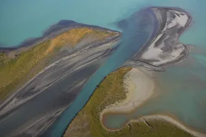 Aerial view over Lake Laitaure showing silt deposits from the Rapa river forming sand Aerial view over Lake Laitaure showing silt deposits from the Rapa river forming sand