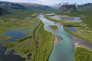 Aerial view of the Rapa river delta with distant mountains, Sarek National Park Aerial view of the Rapa river delta with distant mountains, Sarek National Park