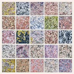 Composite photograph showing diversity of colour and pattern in samples of granite Composite photograph showing diversity of colour and pattern in samples of granite