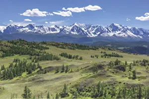 Kuraiskaya steppe landscape with mountains in distance, Altai Republic, Russia Kuraiskaya steppe landscape with mountains in distance, Altai Republic, Russia
