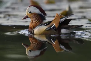 Mandarin duck (Aix galericulata) male swimming on water in the Beijing area, China, May Mandarin duck (Aix galericulata) male swimming on water in the Beijing area, China, May