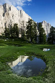 Mount Jalovec (2, 645m) with reflection in a small pool, viewed from Sleme, Triglav National Park Mount Jalovec (2, 645m) with reflection in a small pool, viewed from Sleme, Triglav National Park