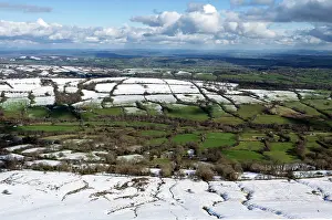 Western Europe Countryside Prints: River Monnow Valley with small fields and hedges with rows of trees