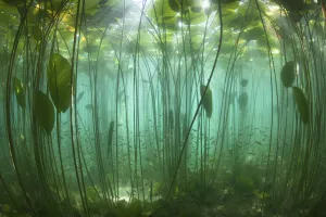 School of Perch (Perca fluviatilis) amongst Water lilies (Nuphar lutea) lit by the suns rays School of Perch (Perca fluviatilis) amongst Water lilies (Nuphar lutea) lit by the suns rays