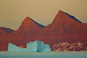Iceberg Photography Prints: Tabular icebergs with mountains in background, east coast of Greenland. August, 2018