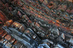 Western Europe Geology Prints: Tilted sandstone, mudstone and siltstone rock strata contorted by tectonic plate movement during Hercynian orogeny