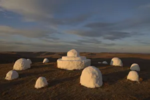 Traditional mongolian Ovoo shrine / Buddhist shrine near border between Russian Traditional mongolian Ovoo shrine / Buddhist shrine near border between Russian