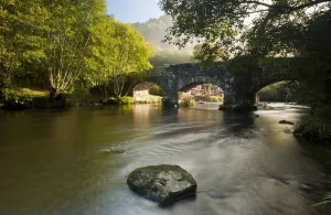 Historic Bridges UK Prints: Fingle Bridge, a historic stone bridge possibly dating from the seventeenth century
