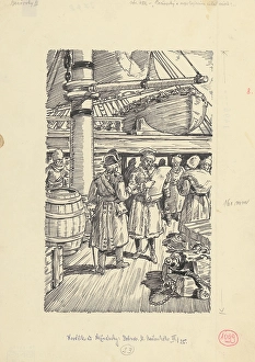 Print of a man reading an inventory with satisfaction, 1953