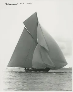 The 221 ton gaff-rigged cutter Britannia sailing under spinnaker, 1913. Creator The 221 ton gaff-rigged cutter Britannia sailing under spinnaker, 1913. Creator