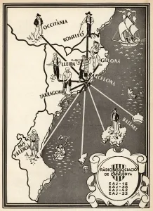 Vintage Catalonia Map Print Depicting Radio Broadcasting Era
