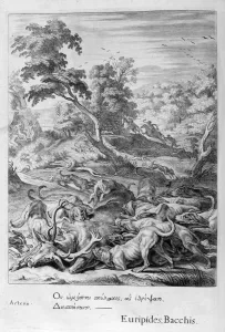 Hunting Scene Engraving Prints: Actaeon turned into a stag and devoured by his hounds, 1655. Artist: Michel de Marolles