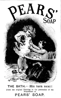 Print of a family scene with children and a puppy, featuring a bar of soap