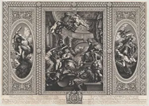 An allegorical scene showing the benefits of James reign at center An allegorical scene showing the benefits of James reign at center