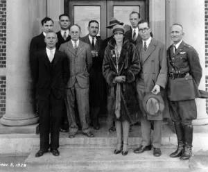 Prints of Amelia Earhart visits NACA, Virginia, USA, Nov. 5, 1928. American pioneer aviator Earhart on the steps of the Langley Research Building, National Advisory Committee for Aeronautics Pioneer Prints: Amelia Earhart visits NACA, Virginia, USA, Nov. 5, 1928 Print