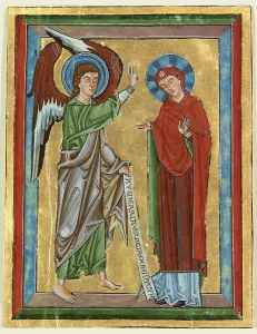 Gold Leaf Illuminated Manuscript Prints: The Annunciation, about 1240. Creator: Unknown