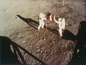 Armstrong and Aldrin unfurl the US flag on the moon, 1969 Armstrong and Aldrin unfurl the US flag on the moon, 1969