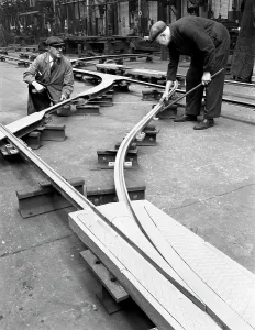 Railway Track Construction Prints: Assembling trackwork in an ICI factory, Sheffield, South Yorkshire, 1963. Artist